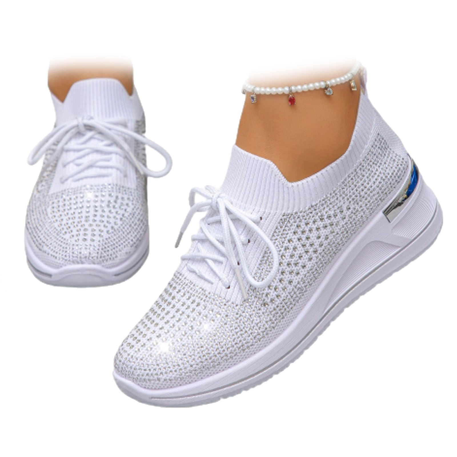 Scarpe da ginnastica da donna con zeppa e strass, alla moda, traspiranti, con strass, senza lacci, ortopediche, zeppa, scarpe da ginnastica scintillanti