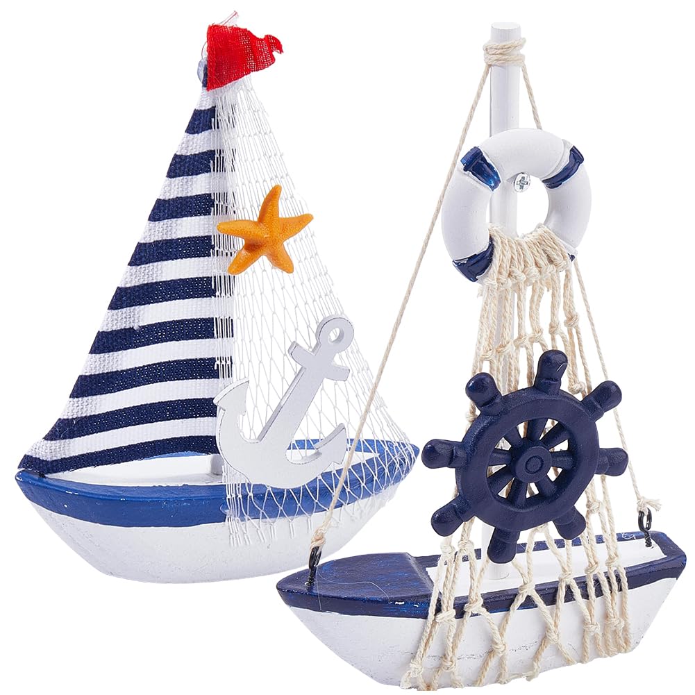 SOFPLATE 1 Box 2 Styles 2Pcs Mini Sailboat Decoration Small Sailboat Ornament Blue White Wood Ship Figurine Beach Ocean Nautical Theme Party Miniature Sailing Boats for Home Office Bedroom Table Decor