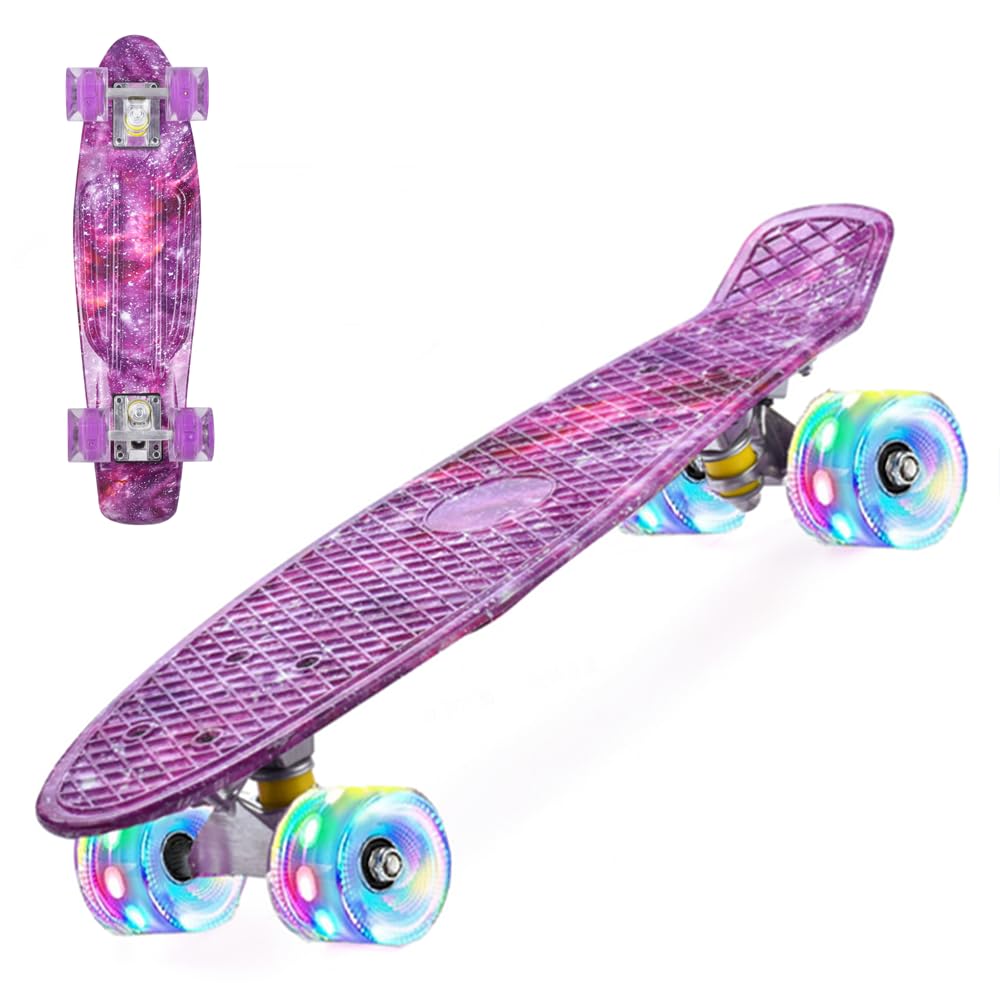 ERNAN Skateboard Complete 22 Inch Mini Cruiser, Rodamientos ABEC-7 y Ruedas 78A PU - para Niños, Adultos, Principiantes con Ruedas Light Up Complete Skateboard (Deep Purple)