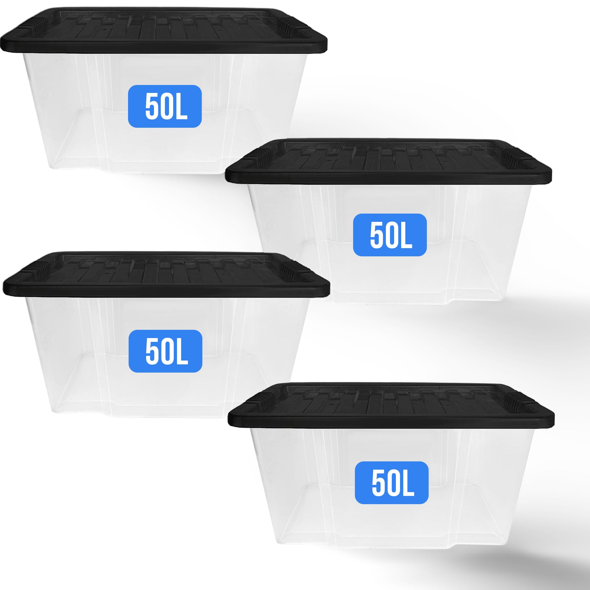 KAPCO 50L Plastic Storage Box with Black Lid (Pack of 4) | Large, Stackable, Strong, Durable Clear Box Containers for Home & Office | Multipurpose Storage Tubs | 60 x 40 x 33cm | 50 Litre - 4 Pack