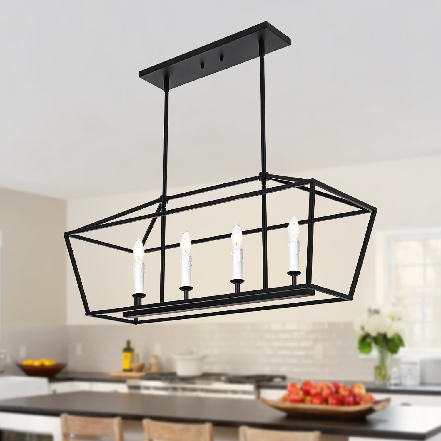 4-Light Kitchen Island Lighting, Modern Black Dining Room Chandelier Over Table Pendant Light Fixture, E12 Bulb Base