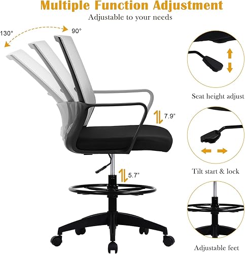 Miniatura 3 de Silla de redacción alta para escritorio de oficina, respaldo medio, altura de barra ajustable, silla de oficina con soporte lumbar y anillo para los