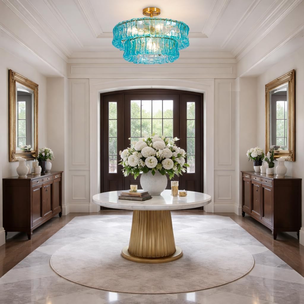 Maxax 20" Crystal Glass Chandelier, Modern Blue 6-Light Round Drum Ceiling Light Fixture, Electroplated Copper E12 Base