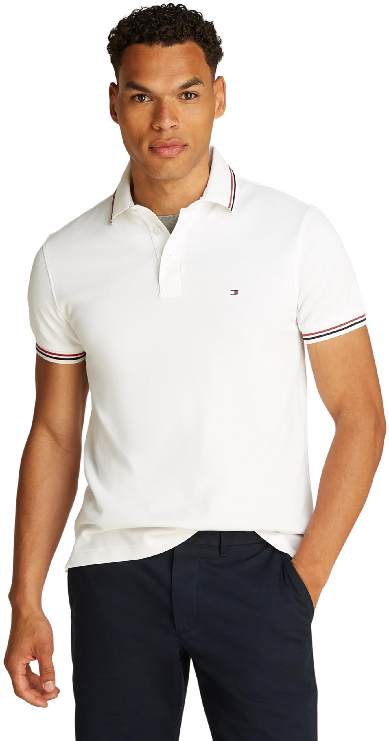Tommy Hilfiger Men Tipped Slim FIT Polo MW0MW37346 S/S Polo, White, M