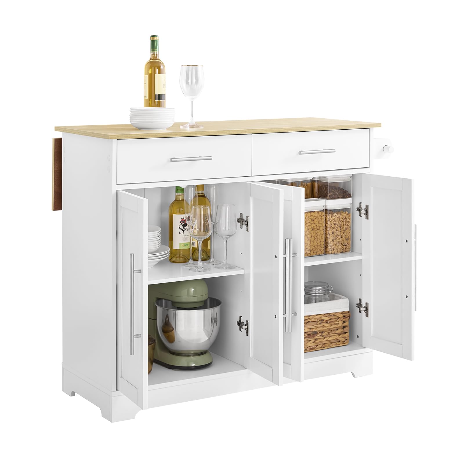 SoBuy Kitchen Island on Wheels with Extendable Worktop, 2 Drawers, 4 Doors and Adjustable Shelves, Rolling Storage Trolley for Small Kitchen, Breakfast Bar, White, 115x(44-69) x91cm, FKW129-WN