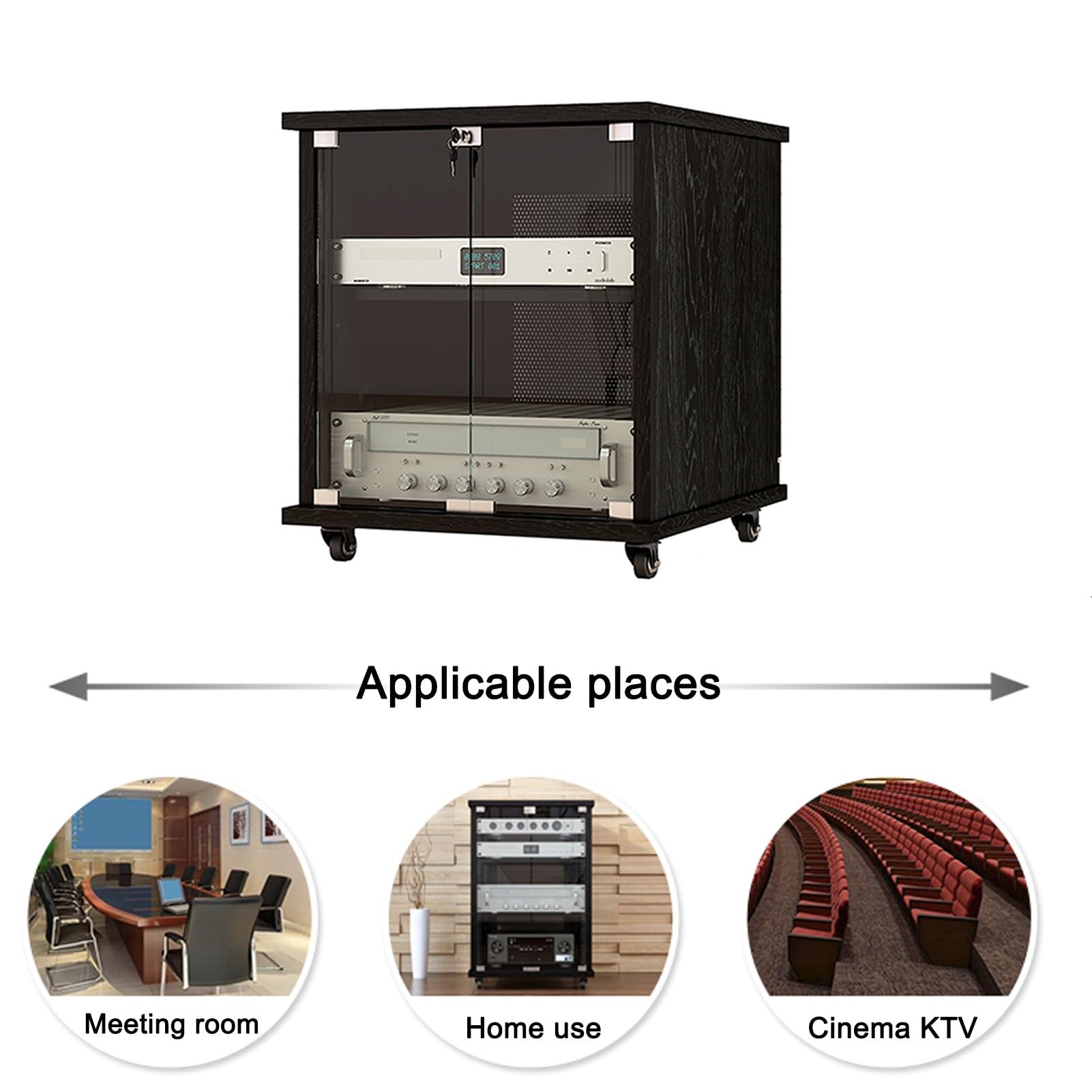 Supporto multimediale AV a 4 livelli, armadietto multimediale con ripiani in legno regolabili in altezza, rack audio mobile chiuso, ante in vetro temperato, gestione cavi (legno di pero, 16U)