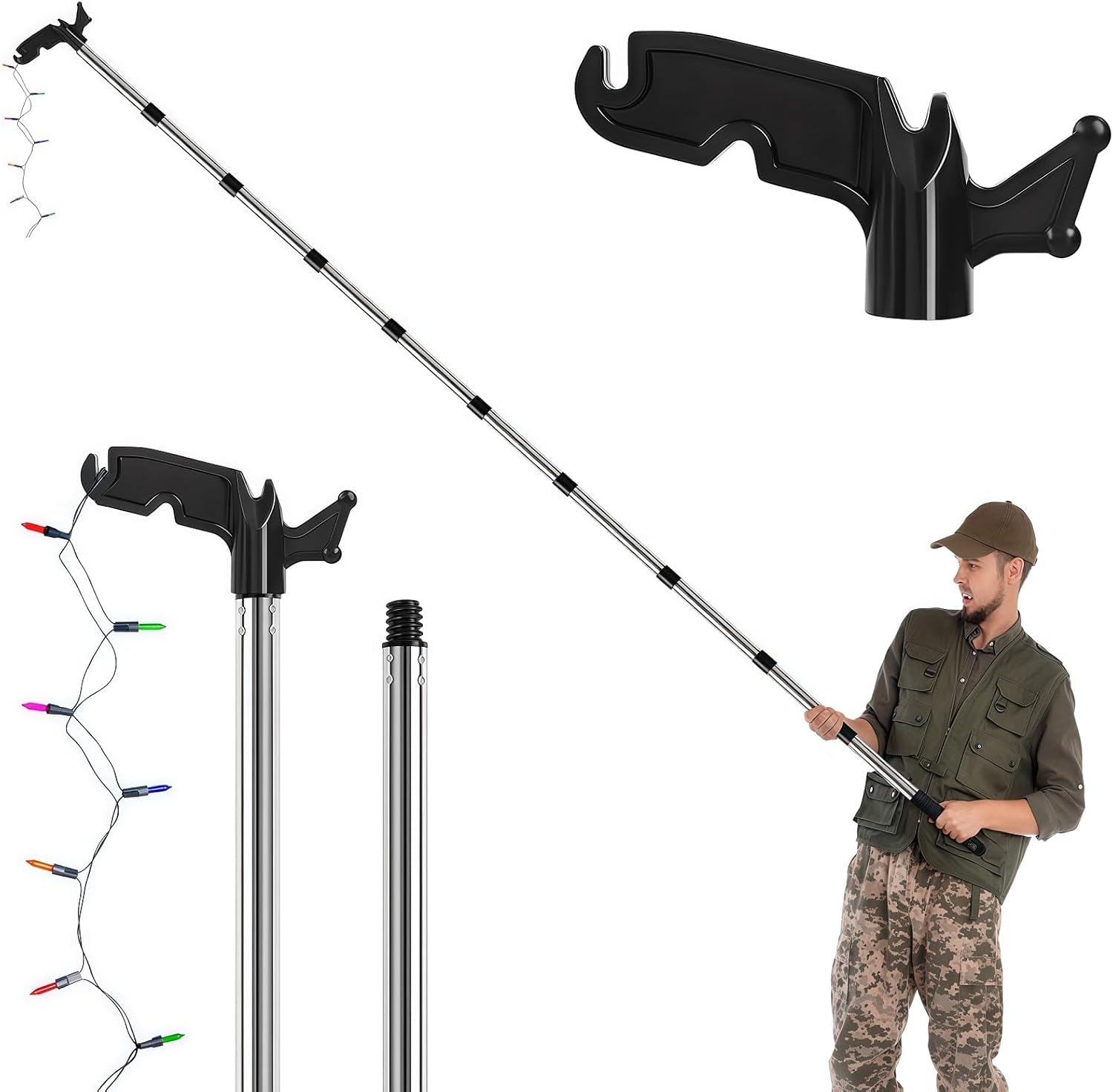 Adjustable Easter Light Hanging Pole 3 to 15 FT with Utility Hook, Extension Tool for Outdoor String Lights & Bird Feeders, Ladder-Free Installation Kit for Roof, Trees & Gutters