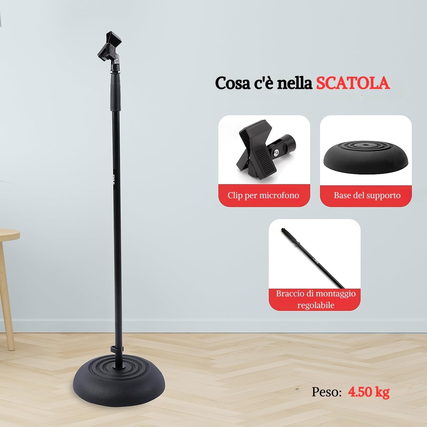 PYLE-PRO Asta Microfono Regolabile in Altezza da 85cm a 152 cm, Supporto Microfono da Terra A Base Tonda Pesante