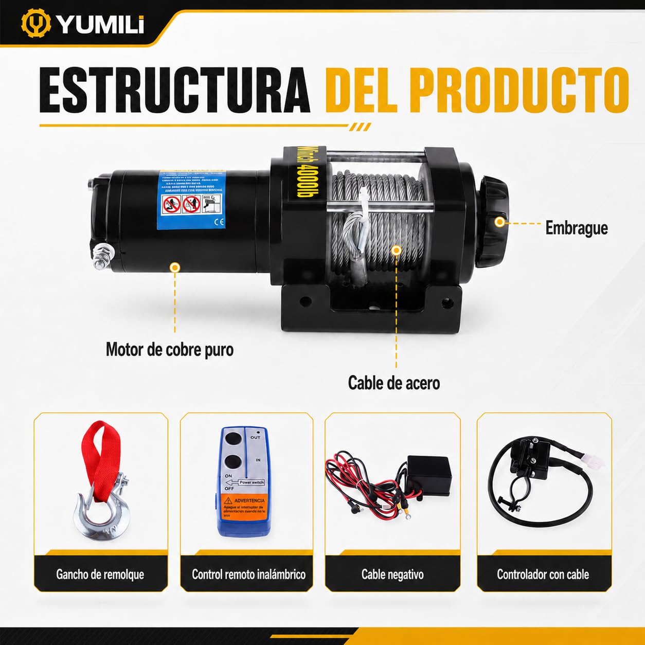 Cabrestante Eléctrico 12 V, 4000 LBS/1818 Kg Cabrestante Quad, Winchi Electrico Cable de Acero 4.8mm*15 m con Control Remoto Inalámbrico, IP67 para Remolque Todoterreno de Vehículos ATV UTV SUV