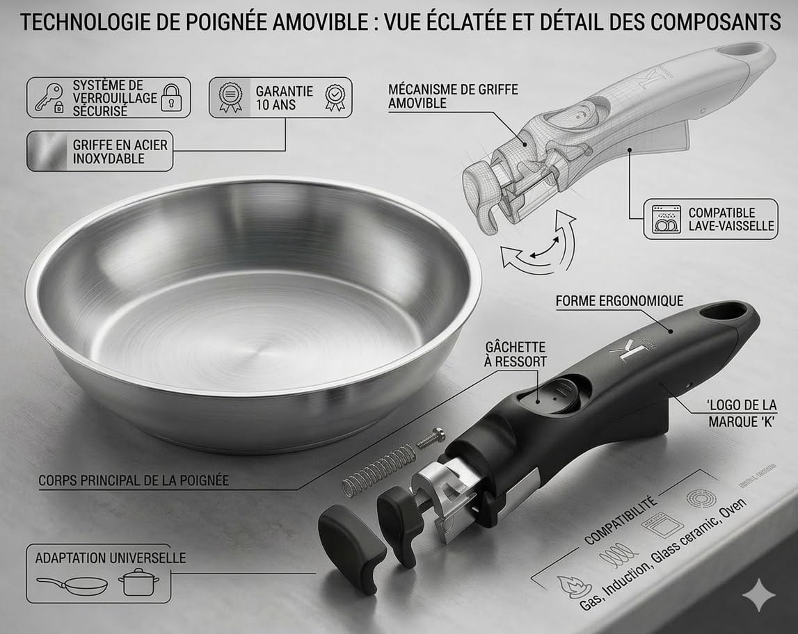 Set di 3 padelle in acciaio inox di alta qualità – induzione e forno, manico rimovibile, cucina sana, 20/24/28 cm