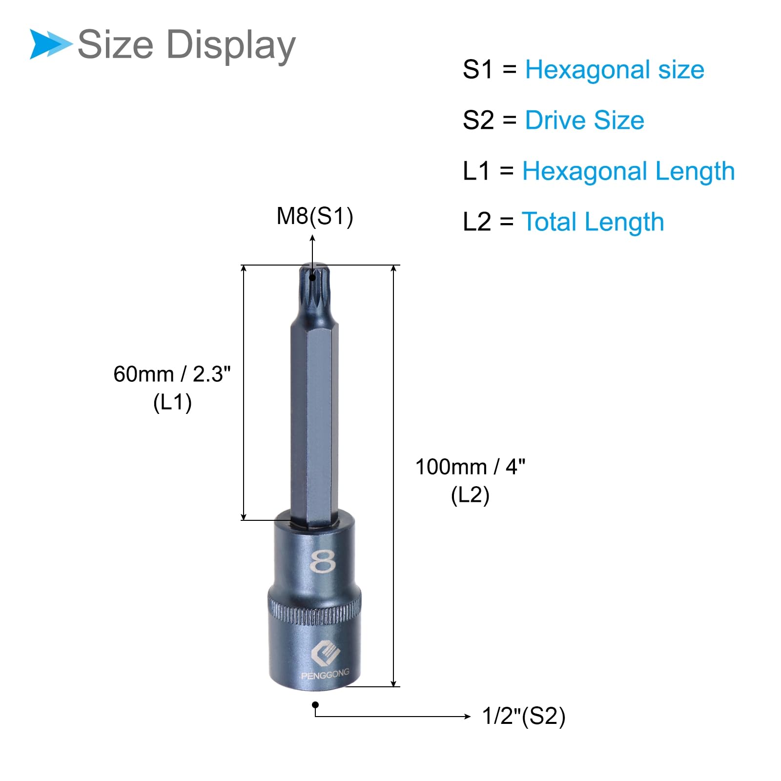 CoCud Triple Square Spline Bit Socket, M8 Bit 1/2" Drive 4" Length, Star S2 Alloy Steel Cr-V Socket Blue - Image 2