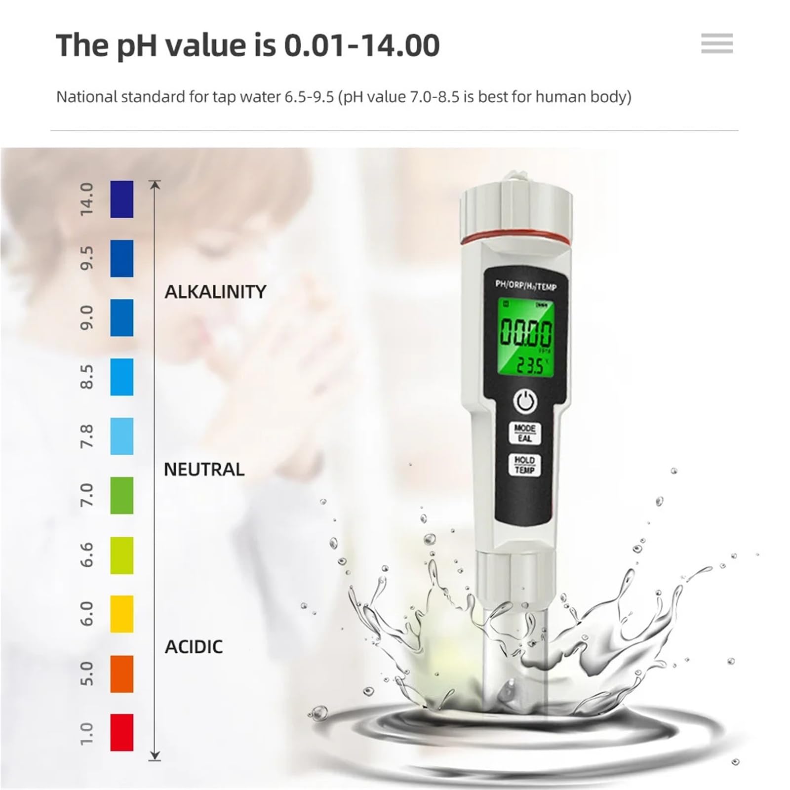 Misuratore di pH 4 in 1, tester arricchito idrogeno, retroilluminazione, ORP, H2, TEMP, penna prova portatile, rilevatore qualità acqua for acquario da piscina,Multifunzionale