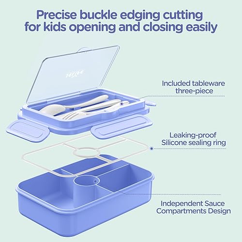 Miniatura 3 de Jelife Lonchera Bento para niños, cajas Bento grandes estilo Bento, a prueba de fugas, con 4 compartimentos, lonchera con cubiertos para niños de