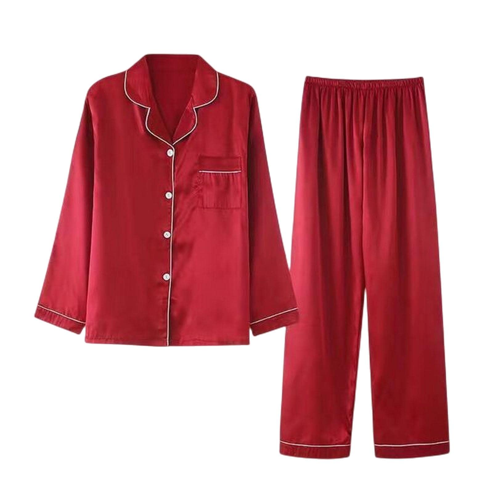 MOGSA Pijama de seda para mujer, para primavera y verano, pantalones de manga larga, traje de satén de seda de hielo, talla grande