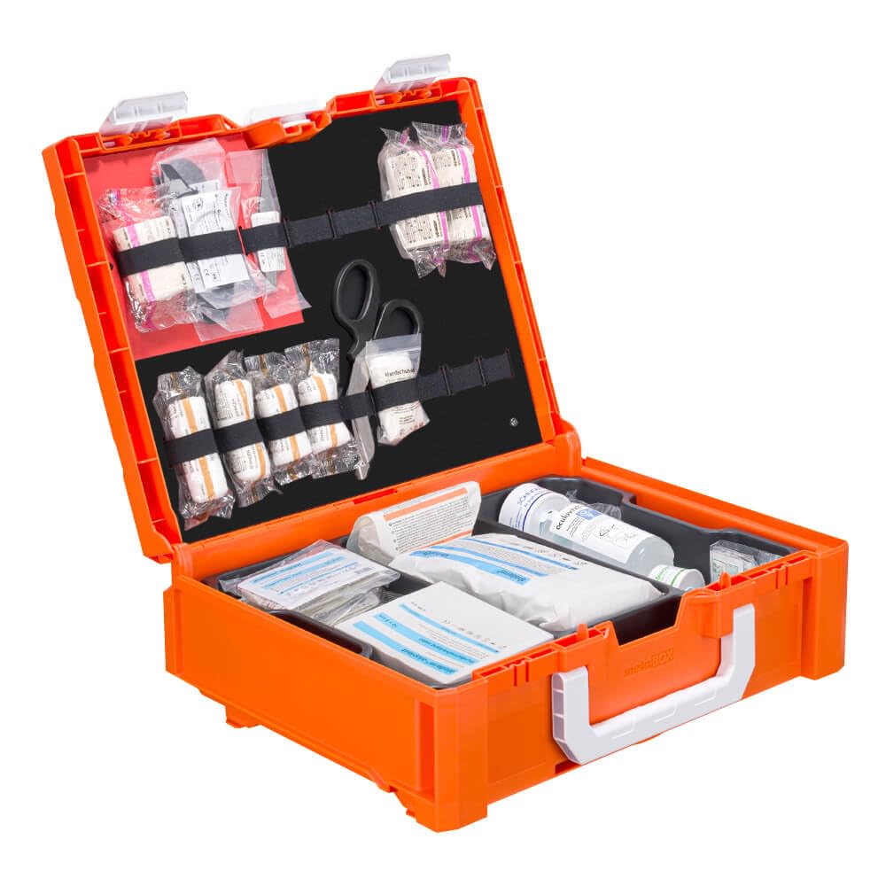 SÖHNGEN® Erste-Hilfe-Koffer metaBOX Baustelle, orange, stapelbar, DIN 13157, Art.-Nr. 390250 | Verbandskasten | Notfallkoffer | Erste Hilfe Kasten