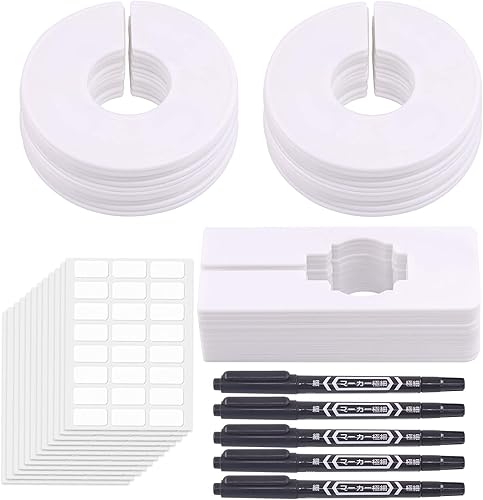 Glarks 46 unidades de color blanco redondo tamaño de la ropa armario divisores perchas y estante de ropa rectangular con 12 etiquetas blancas y 5