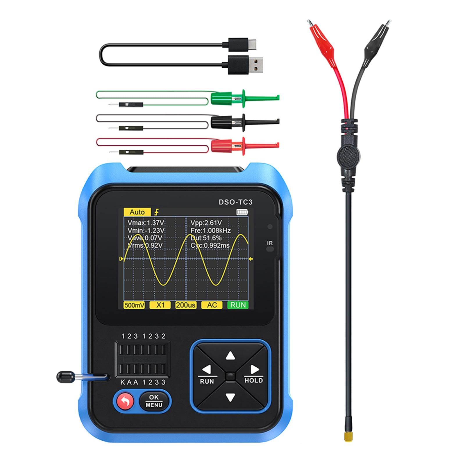 Probador de transistor digital de 2,4 pulgadas de ancho de banda de 500 kHz, osciloscopio portátil, mini osciloscopio recargable USB, salida rectangular PWM, osciloscopio portátil 3 en 1