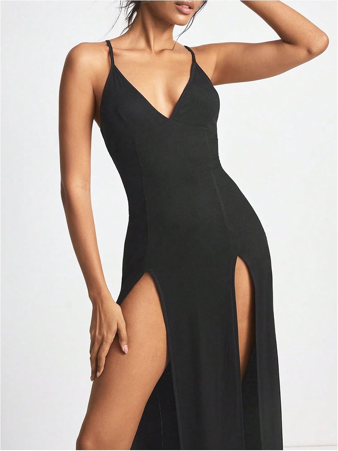 WDIRARA Women's High Split Nightgowns V Neck Ruffle Hem Sleeveless Chemise Night Slip Dress