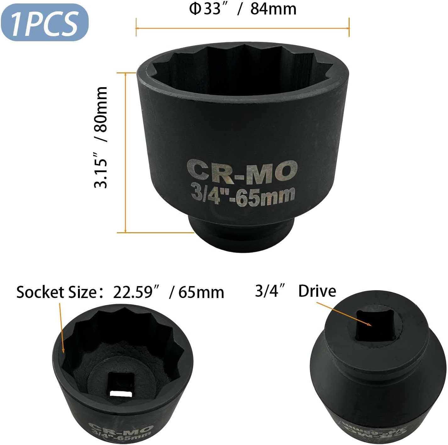 65mm Impact Socket, 3/4" Drive 12 Point Metric Axle Nut Socket Wrench, 40CR Heavy Duty Spindle Nut Remover Tool for Auto Repair (65mm)