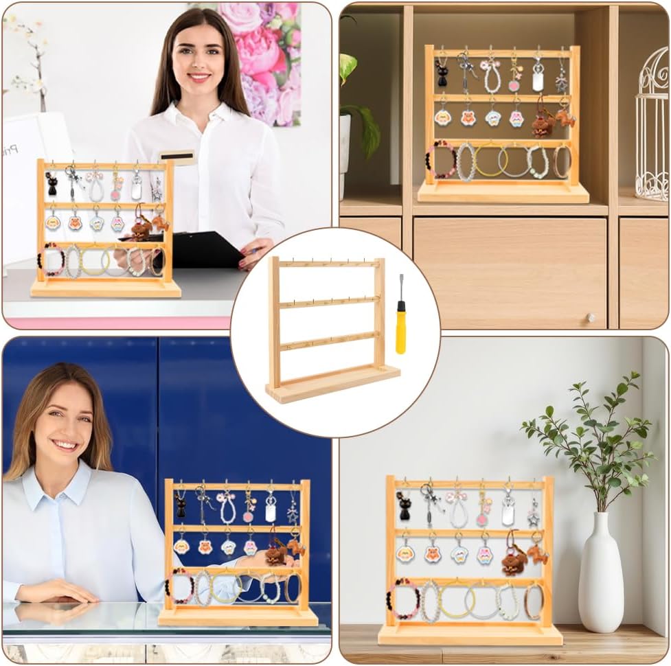 Wooden Keychain Display Stand with 18 Hooks, Square Organized Rack for Keys Rings, Jewelry, Accessories - Easy Assembly, Multi-Purpose for Home and Commercial Vendors