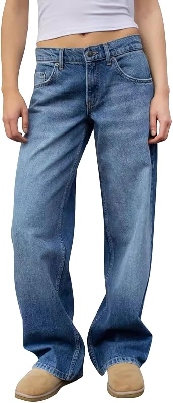 باغي واسعة الساق الجينز للنساء Y2K منخفضة الارتفاع الساق المستقيمة Boyfriend Denim Pants في سن المراهقة الفتيات خمر فضفاضة الجينز