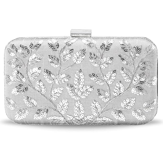aiz bridal accessories Embryna Women's Embroidered Silk Hand Clutch - Elegant Golden Leaf Work Party & Wedding Purse for Ethnic & Festive Occasions-picture-54
