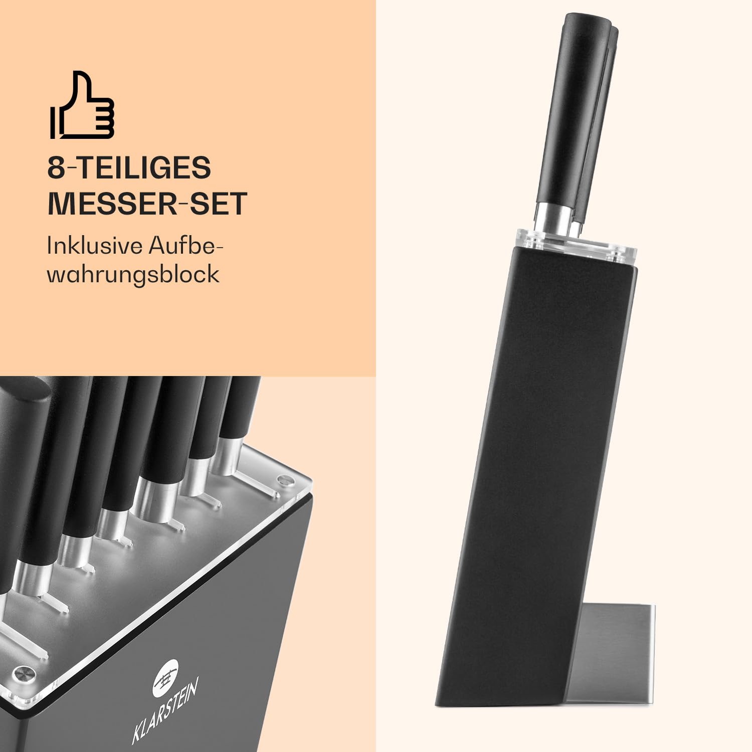 Klarstein Kitano - Messer-Set, Messerblock, 8-teilig, Präzisionsklingen, Rostfreier Edelstahl, Holzblock, Schwarz