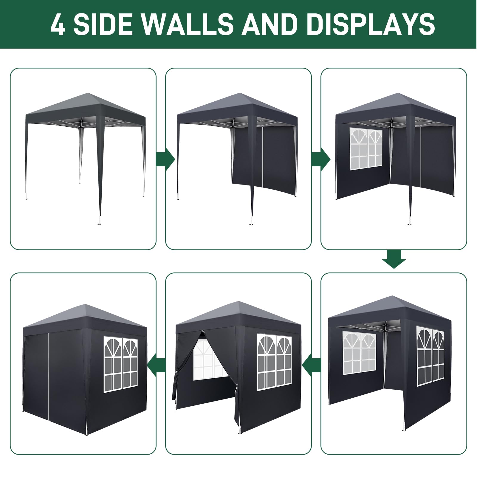 LEADZM Gazebo 2x2m Pieghevole con 4 Pareti Laterali, Tenda da Giardino Regolabile in Altezza Impermeabile UV 50+ Antivento con Borsa da Trasporto,Antracite
