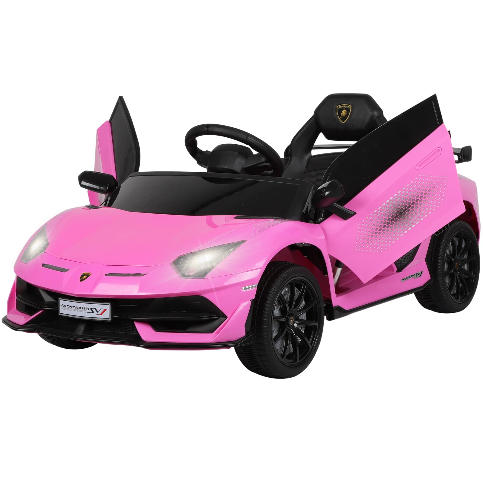 12V Licensed Lamborghini Ride on Electric Car, with Remote Control, Adjustable Speeds, Four-Wheel Shock Absorption, Simulated Car DoorsMP3/Bluetooth, Headlight/Taillight (Pink)