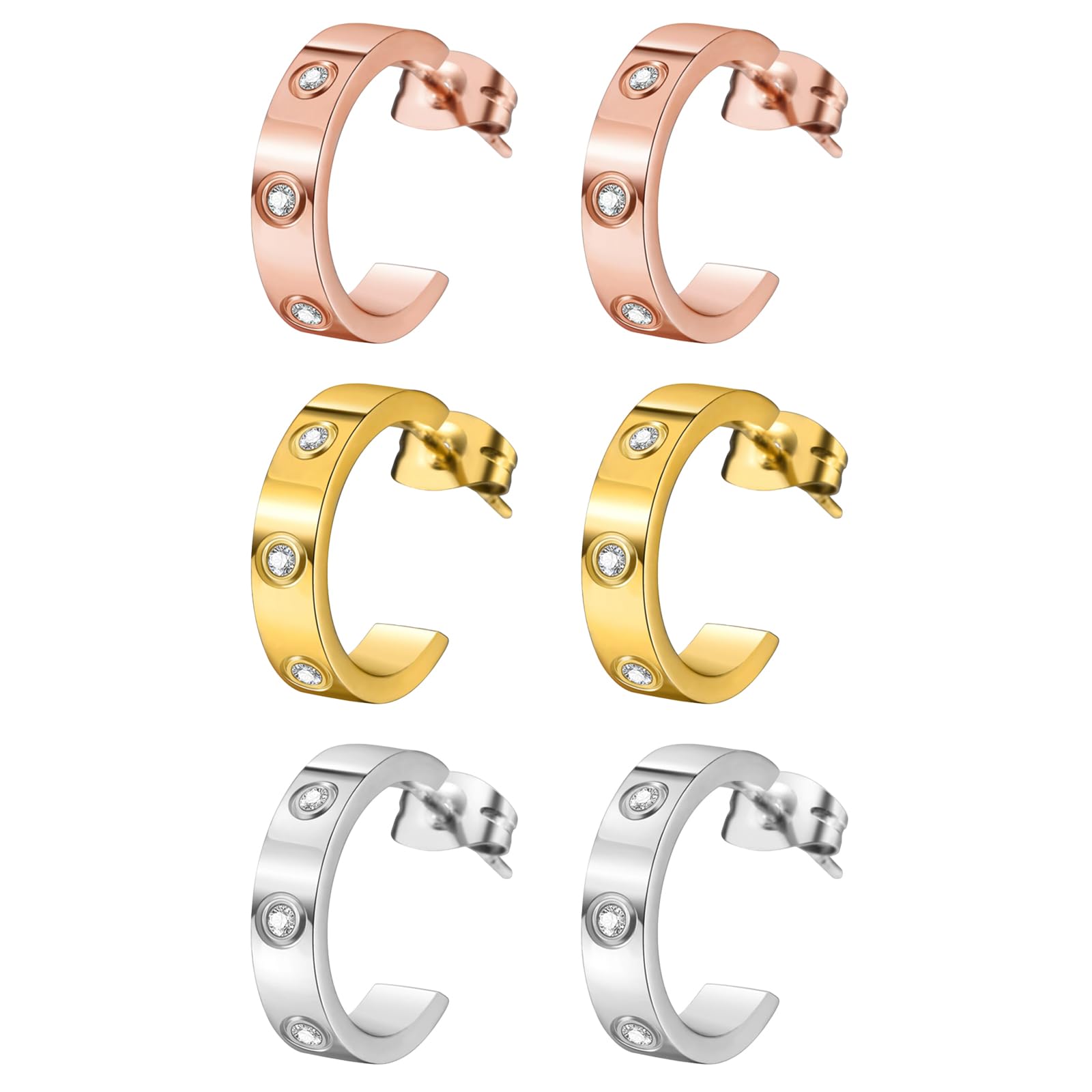 Flongo Womens Hoop Stud Earrings: Cubic Zirconia Stainless Steel Piercing Huggie Hoop Earrings - Jewelry Gifts for Lady Wife Girl