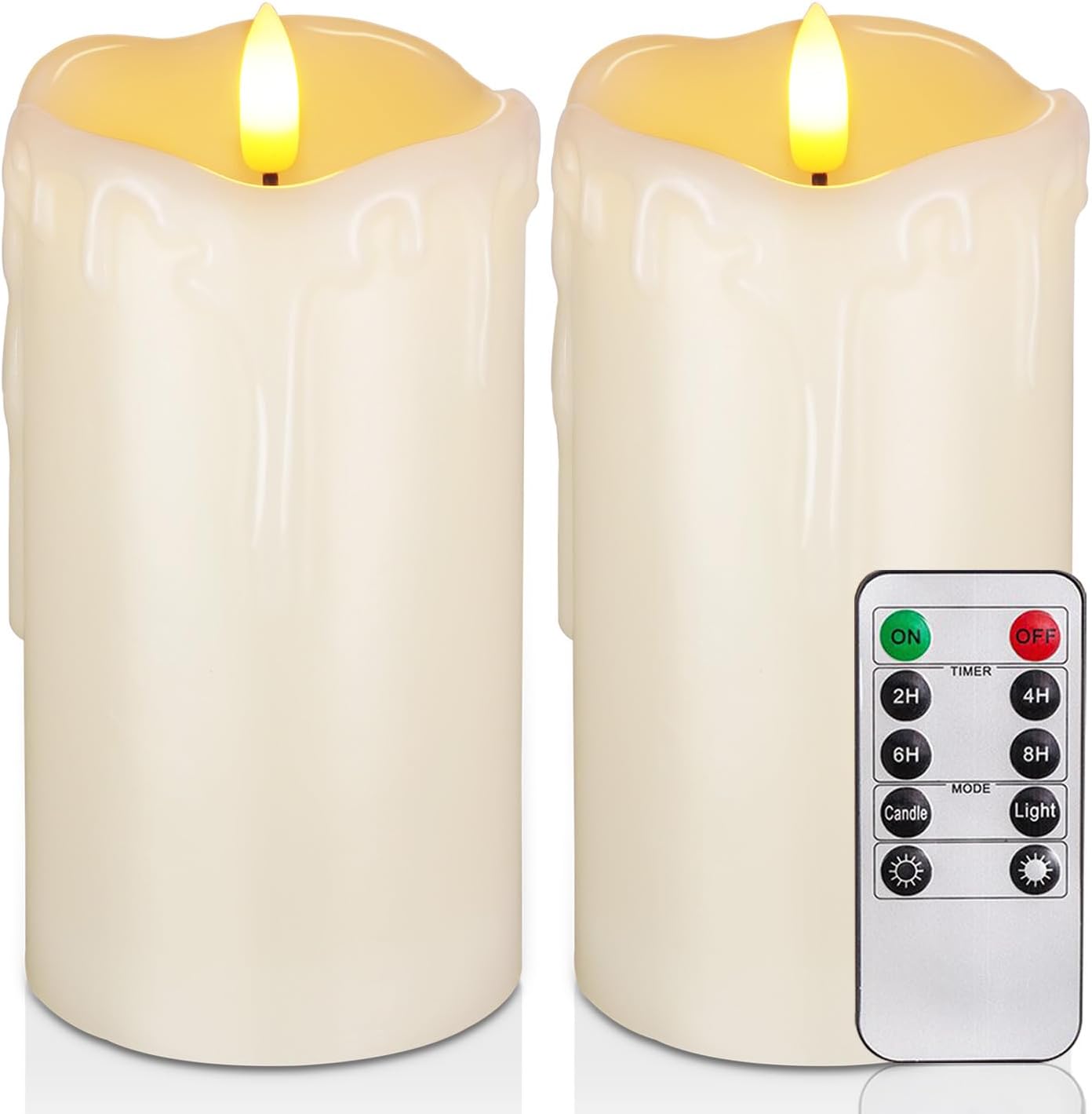 Homemory Dripping Wax Flameless Candles, Battery Operated Candles with Remote Control and Timers, LED Pillar Candles, Electric Fake Candles, 3" x 6", Set of 2 D3“xH6"6" Ivory Wax