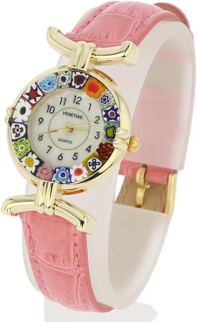 Glass Of Venice Murano Glass Millefiori Watch with Leather Band - Pink Multicolor