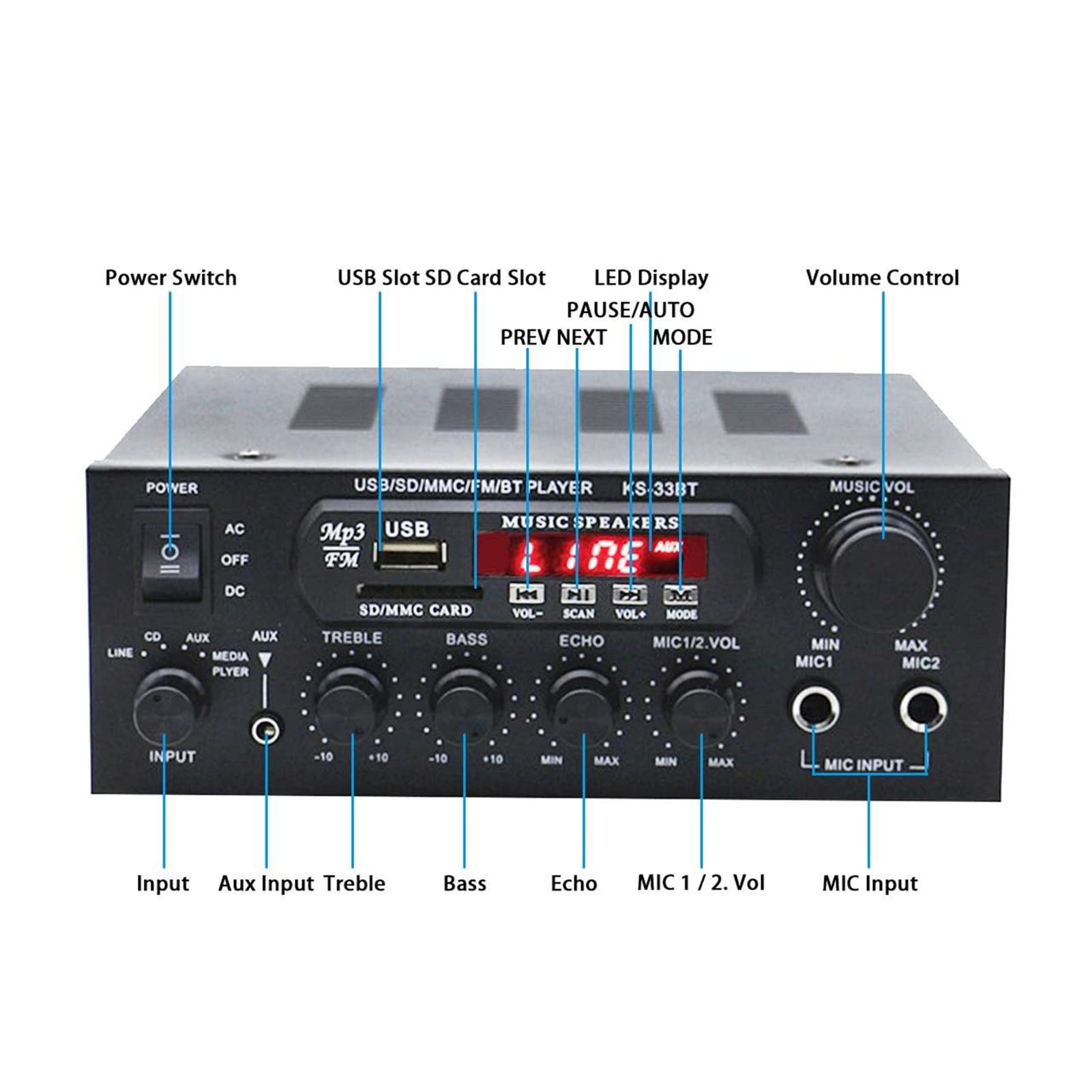 Bluetooth Amplificador estéreo HIFI Audio digital Home Karaoke Power Amplificador AUTOM AUTO AMPLIFICADOR HIFI USB Procesador de audio