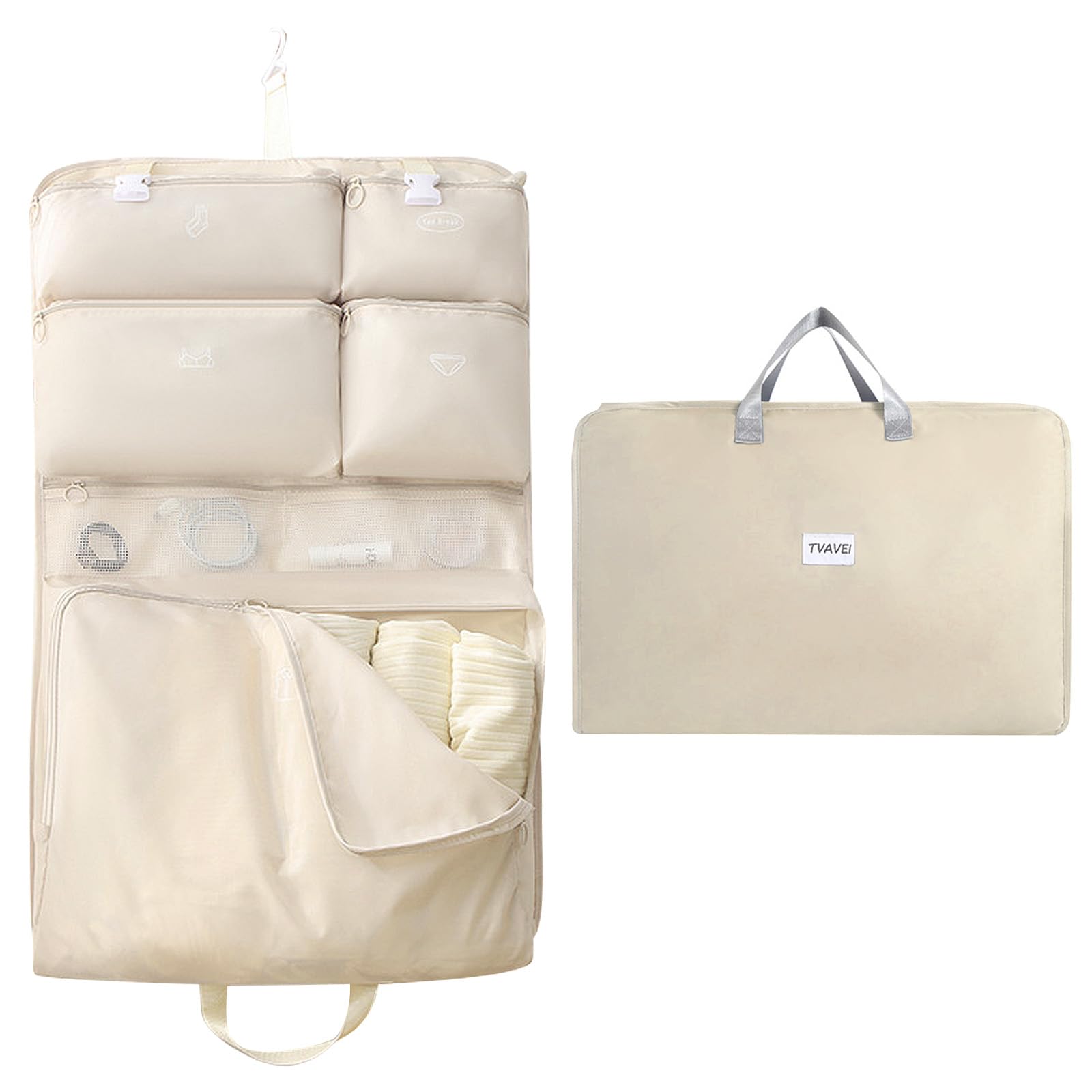 ReignSword Garment Bags for Travel, Foldable Carry on Travel Duffel Bag for Women, Hanging Weekender Overnight Bag for Clothes, Socks, Underwear, Panties (Off White)