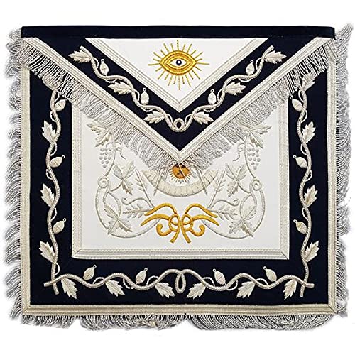 Masonic Regalia Past Master Apron Gold & Silver Hand Unique Masons Regalia Embroidery Apron (Navy Blue- Silver, Lambskin)