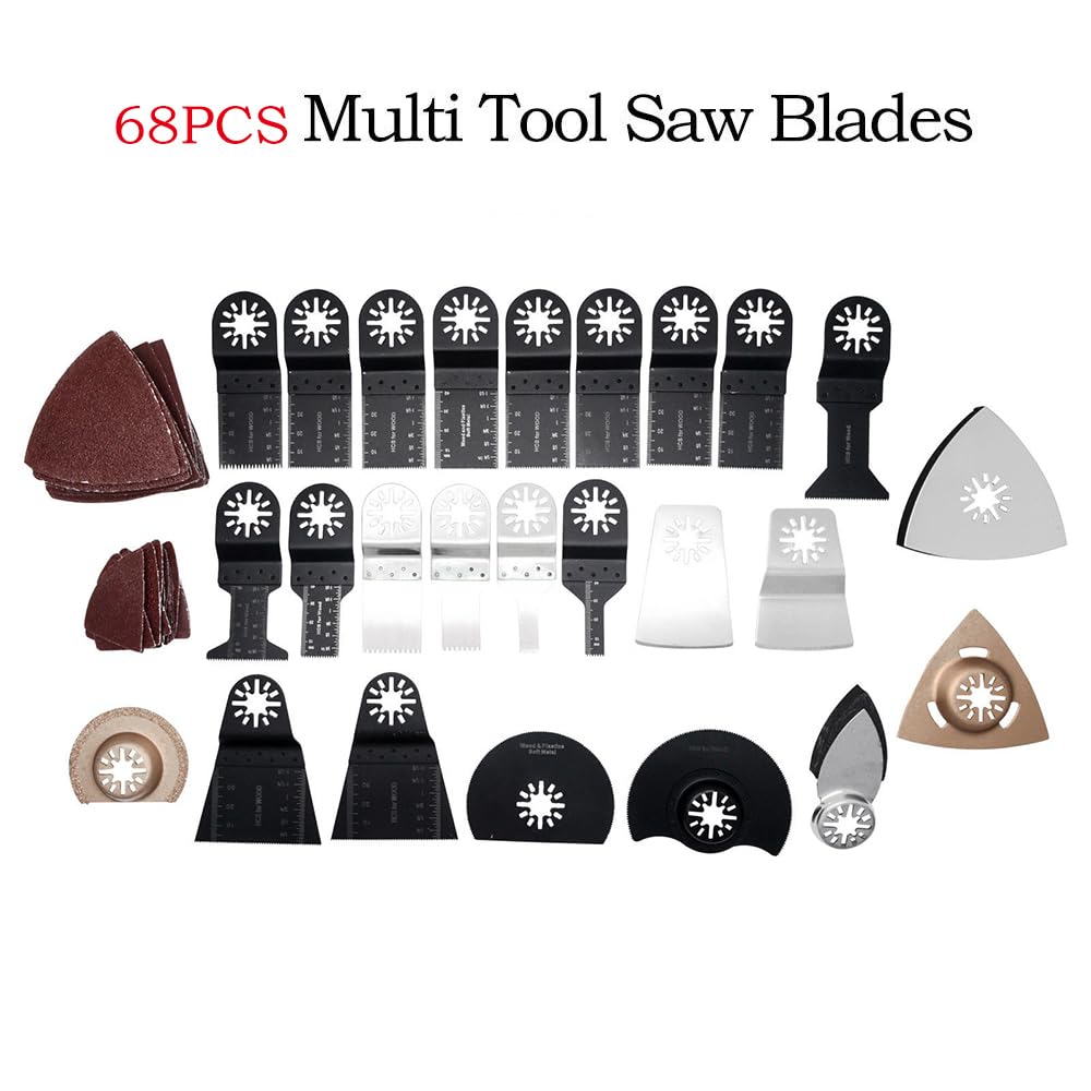 TopHomer Juego de 68 hojas de sierra oscilantes universales multiherramienta, cuchillas HCS y bimetálicas + kit de lijado, para corte de madera, metal, plástico, comercio y bricolaje
