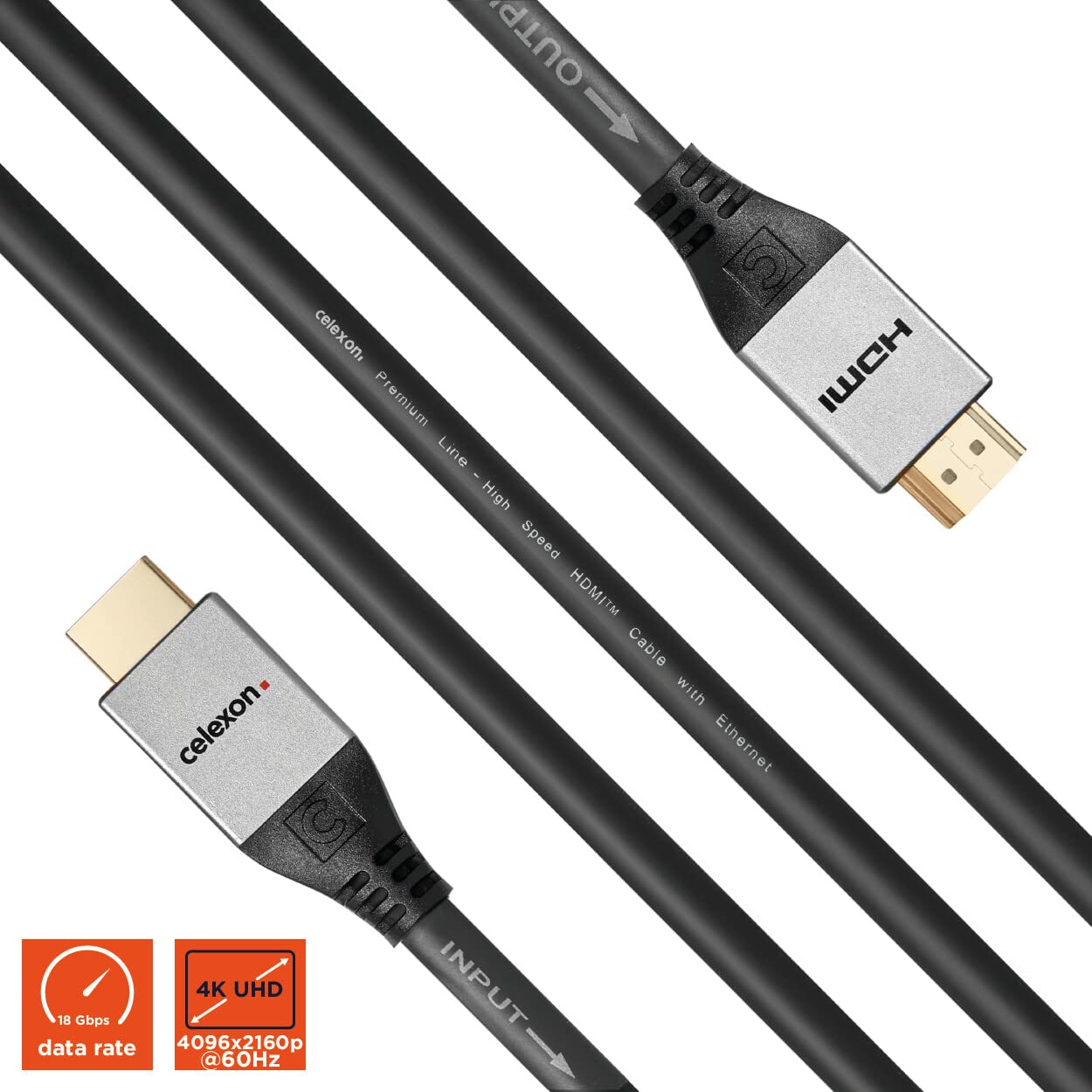 celexon Professional Line aktives HDMI-Kabel 2.0a/b | 15 m | 4K 60 Hz | Integrierte Signalverstärkung, HDR, Ethernet und dreifache Schirmung unterstützen lange AV-Signalwege.