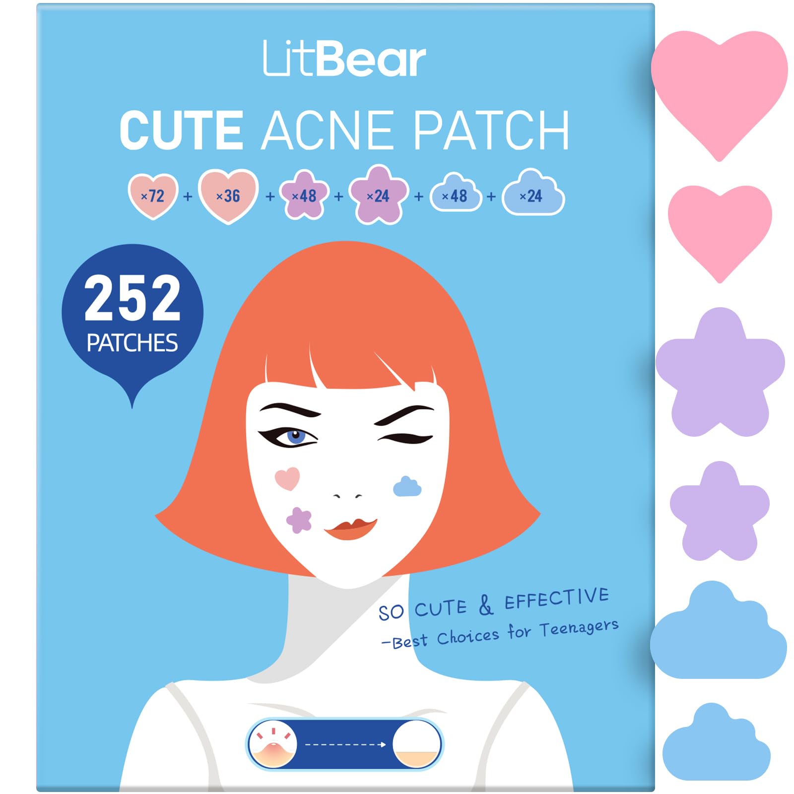 LitBear Acne Pimple Patch 6 Sizes 252 Dots Cute Pimple Patches with Salicylic Acid Tea Tree Oil Calendula