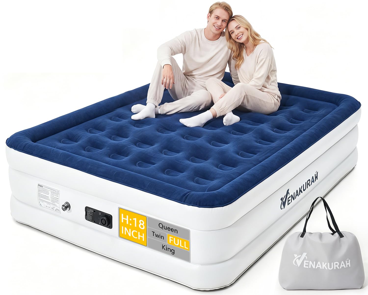 Full Air Mattress with Built in Pump, 18" Full Size Blow Up Mattress