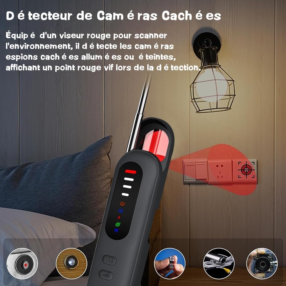 Détecteur de Caméra Cachée - Alarme de Sécurité, Micro Espion Détecteur, Détecteur RF sans Fil, GPS Tracker, Anti-Espion pour Hôtel, Salle de Bain, Bureau, Voiture, Voyage, Anti-instantané