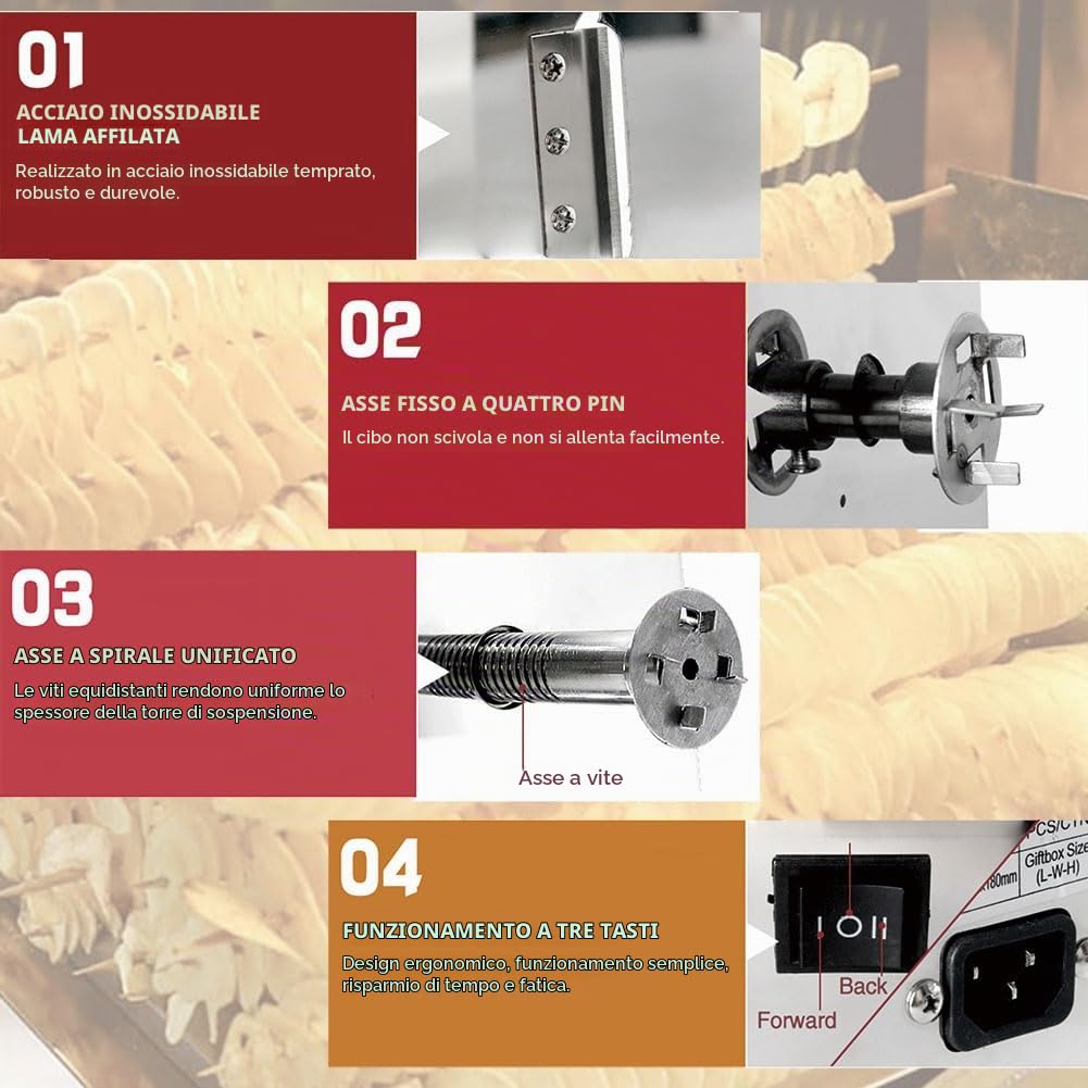 Affettatrice a Spirale Automatica per Patate, affettatrice per Patate Tornado elettrica da 20 W, Macchina a Torre per Patatine in Acciaio Inossidabile, affettatrice elettrica per p