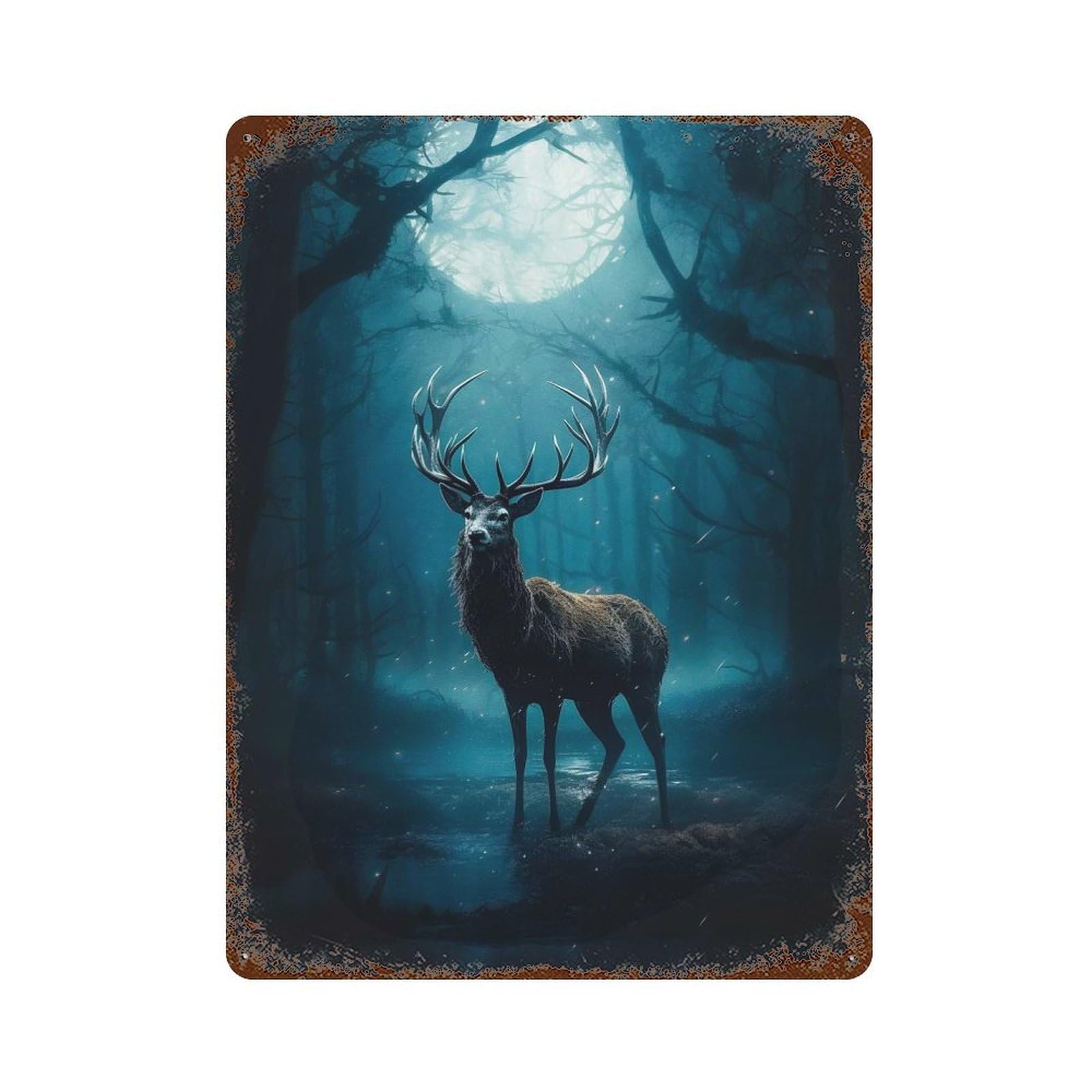 Rusty Metal Tin Sign with Deer in Moonlight Design 15.7"x11.8", for Farmhouse, Kitchen And Entryway Decor, Classic Wall Plaque