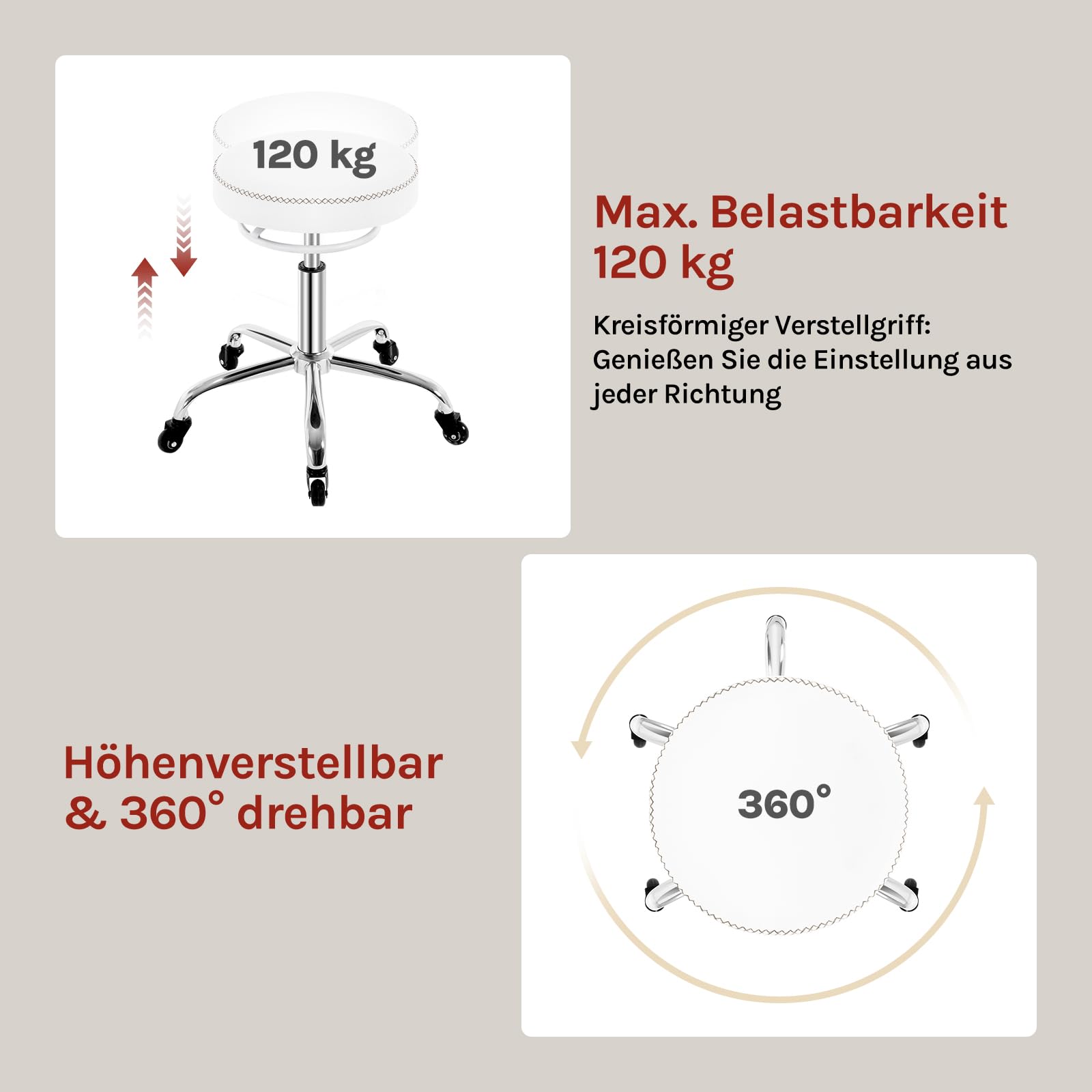 WOLTU Rollhocker höhenverstellbar, Bürohocker 360° drehbar, Weiß | Drehhocker mit Rollen, runder Hocker Arbeitshocker für Büro, Salon und Spa, Kunstleder