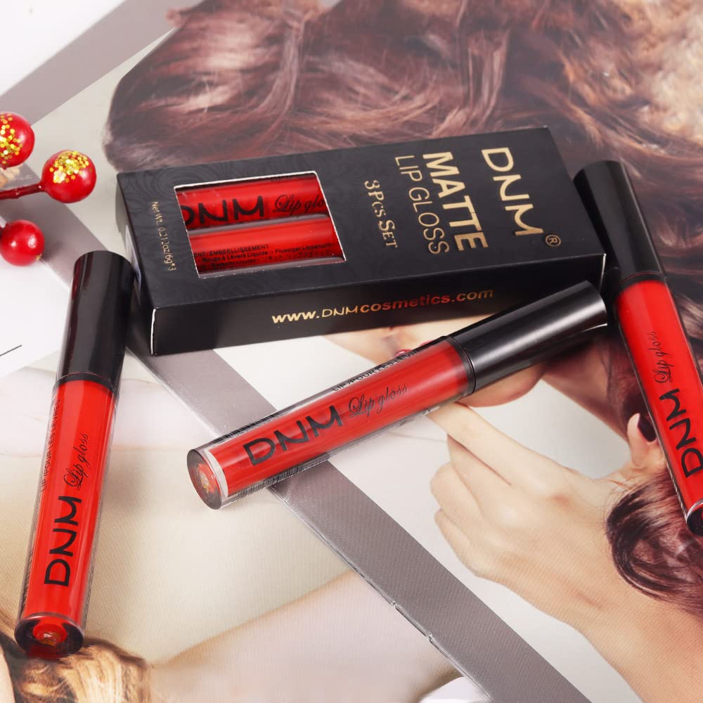 Juego de 3 lápices labiales líquidos color rojo brillante mate, larga duración, 24 brillos de labios impermeables, juego de regalo, maquillaje mate para mujeres (05) 7