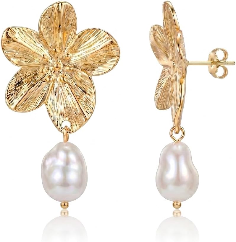 BELLA-Bee Gold Plated Flower Drop Earrings for Women, Dangle Earrings with Pearl, Hypoallergenic Gold Earrings for Sensitive Ears, Elegant Jewelry Gifts