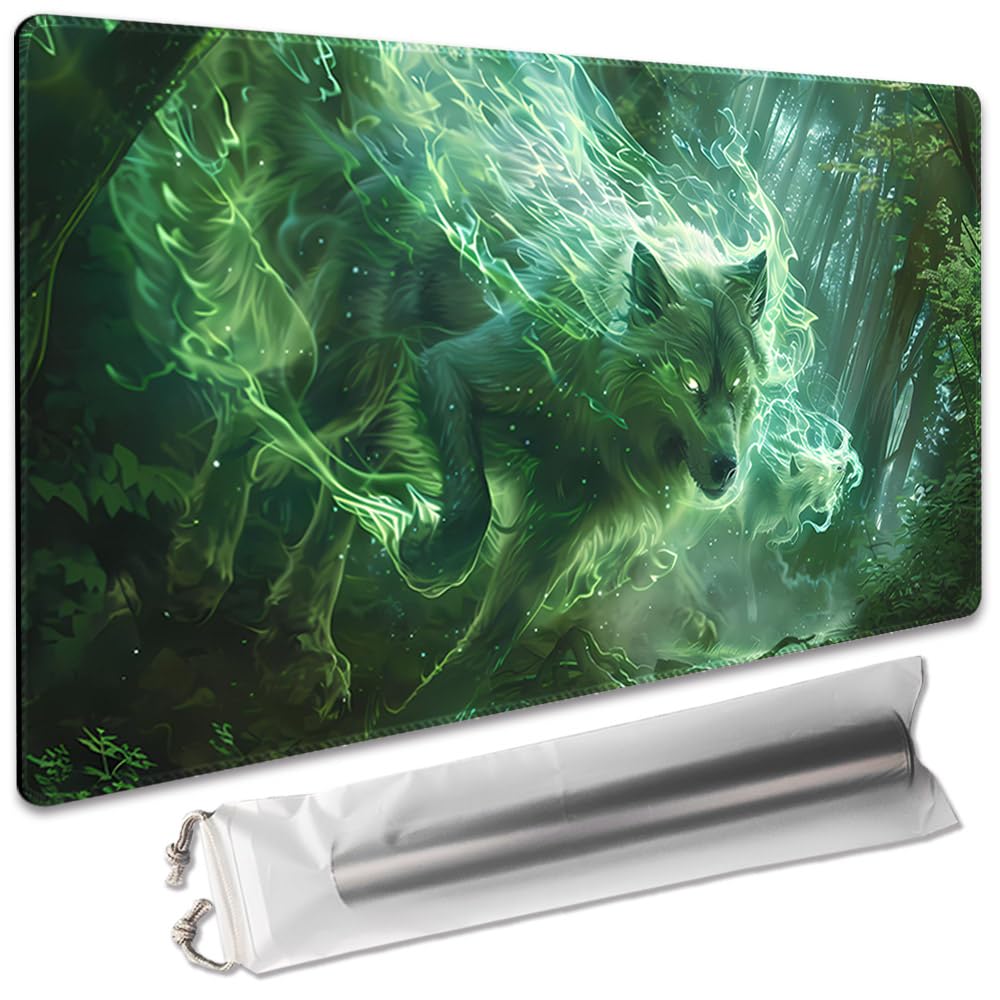 SIXTORE Premium Board Game 24x14in TCG Playmat Compatible for OCG CCG RPG MTG Play Mats,Mousepad Desk Mat (040322-Green Wolf)