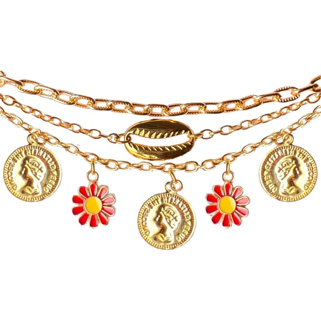 Rack Jack Daisy Shell Gold Plated Coins Layered Charm Bunch Bracelet Adjustable Free Size | Birthday Gift for Girls and Women's Jewellery Anniversary Gift for Wife