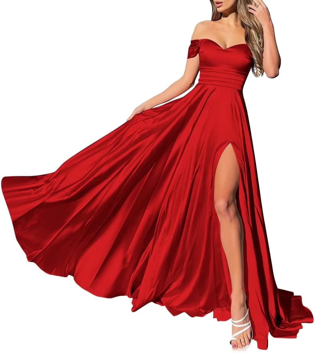 Monlity Bridesmaid Dresses with Slit Satin Long Spaghetti Straps Square Neck Pleated Maxi Formal Evening Dress