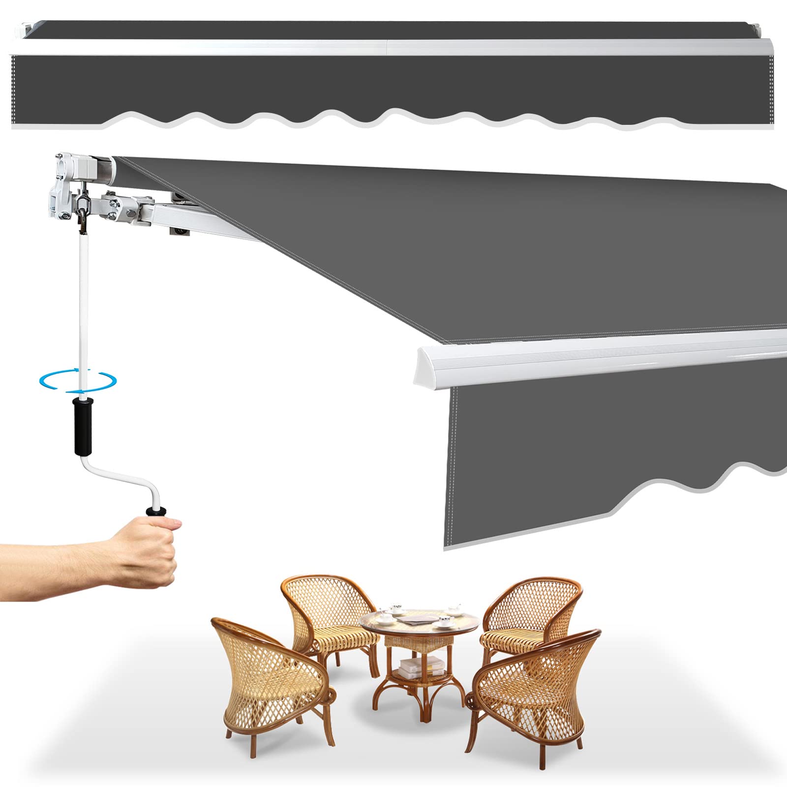 Herrselsam Toldo con brazo articulado, 300 x 250 cm, toldo retráctil con manivela, protección solar contra el agua, ángulo ajustable hasta 30 grados, requiere montaje, incluye soporte de pared, color