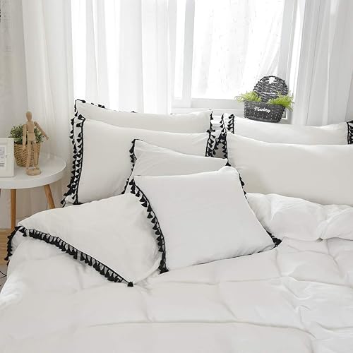 Miniatura 4 de Softta Funda de edredón gris Queen de 3 piezas, ropa de cama bohemia con volantes y borlas, fundas de edredón con flecos, 100% algodón lavado con